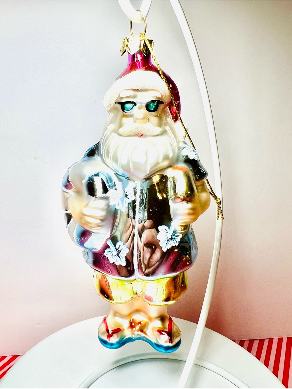 Beach Santa Claus Glass Christmas Ornament Swimsuit Sunglasses Tropical Shirt